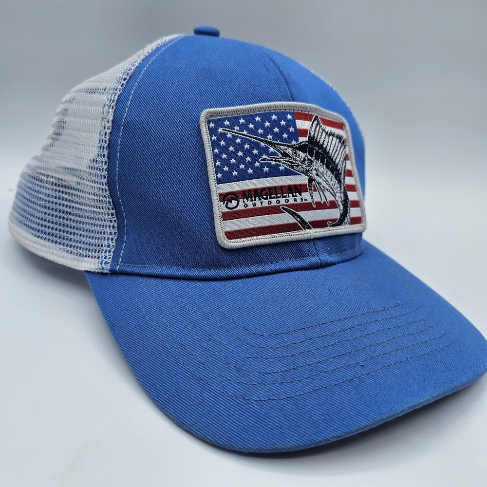 Megallan Blue White Mesh Snapback Trucker Outdoors Hat American Flag Fishing Cap